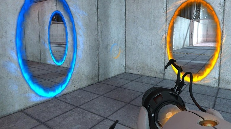 A gun points at two portals
