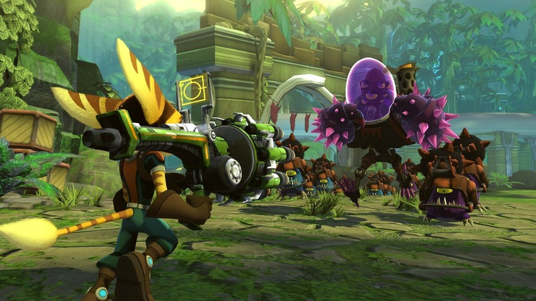 A creature aims a rocket launcher at a monster