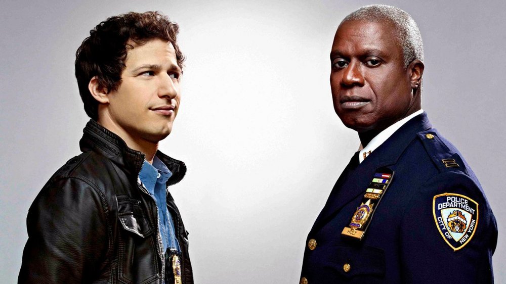 Andy Samberg as Jake Peralta and Andre Braugher as Captain Raymond Holt on Brooklyn Nine-Nine