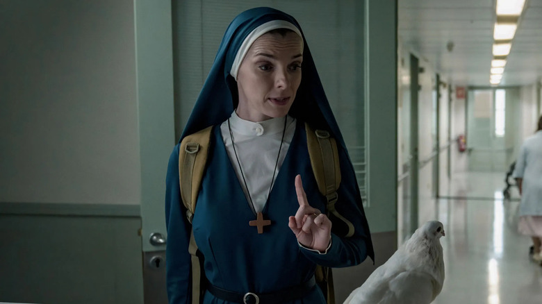 Sister Simone talks to a dove