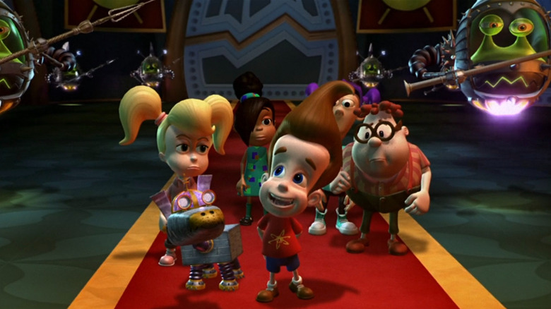 The kids of Retroville confronting the Yolkians in "Jimmy Neutron: Boy Genius" (2001)