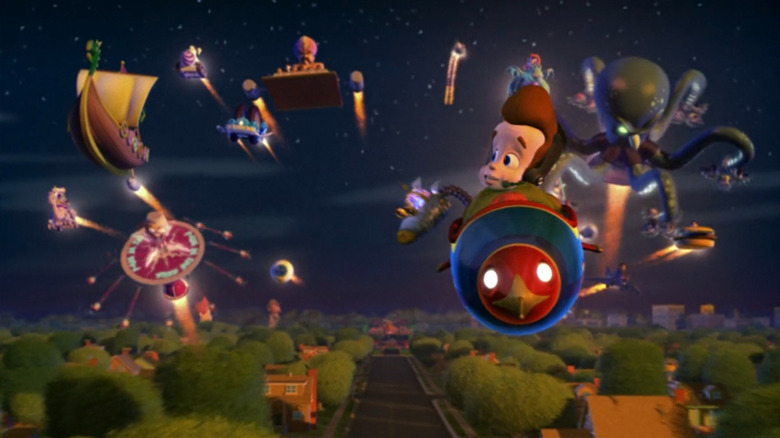 The kids of Retroville taking off in their amusement park ride spaceships in "Jimmy Neutron: Boy Genius" (2001)