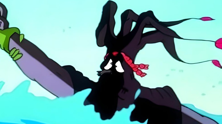 Ash from "The Neverending Story" animated series being pulled out of raging rapids with a concerned look on his face as the wind blows his leaves back