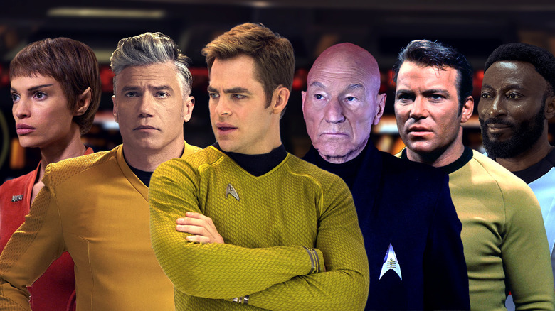 Composite image of T'Pol, Pike, Kelvin timeline Kirk, Picard, Original Series Kirk, and M'Begna