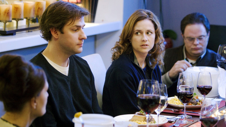 Pam looking nervously at Jim at Michael and Jan's dinner party in "Dinner Party" (2008)