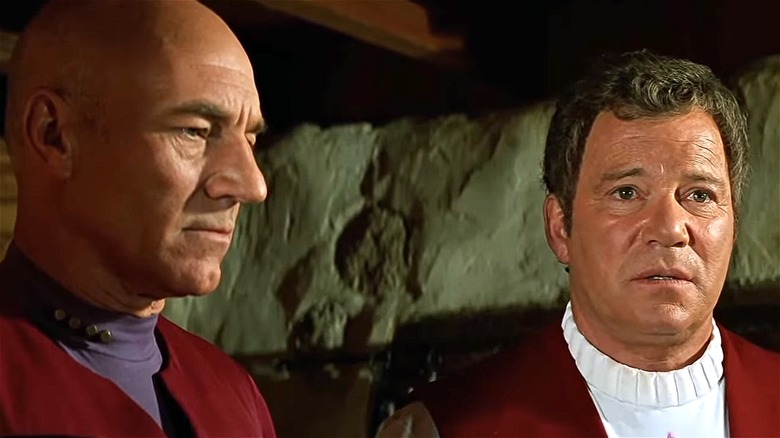 Captain Kirk and Captain Picard next to each other in Star Trek: Generations