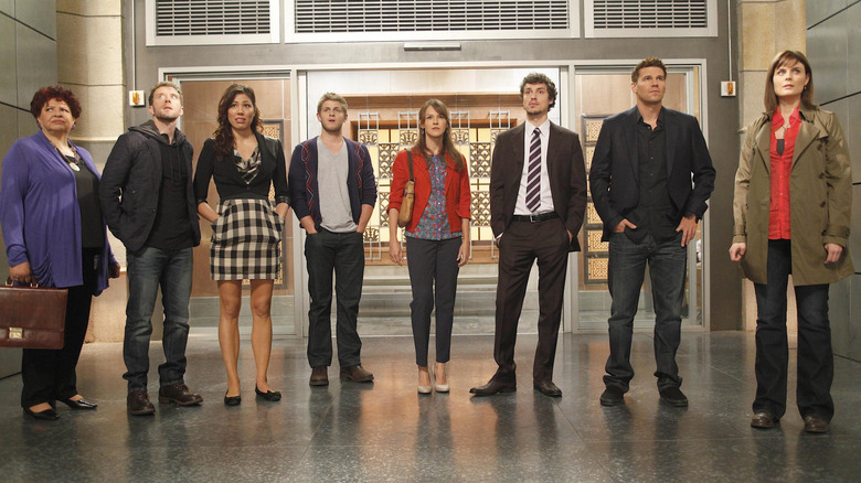 Caroline Julian, Jack Hodgins, Angela Montenegro, Wendell Bray, Daisy Wick, Lance Sweets, Seeley Booth, and Temperance 'Bones' Brennan standing together (2010)