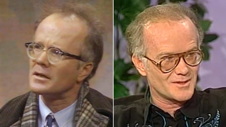Les Nessman talking into microphone and Richard Sanders years later