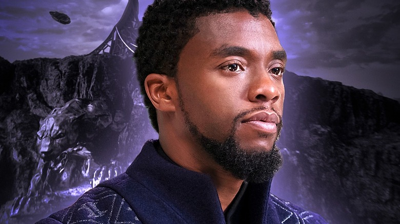 T'Challa looking serene against a purple Wakanda-themed backdrop