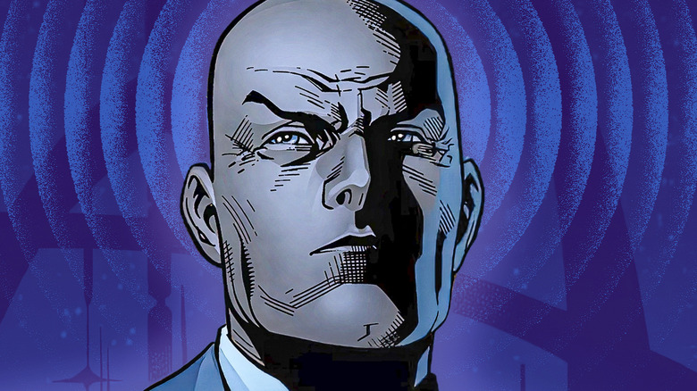 Professor X looking serious in front of blue purple background