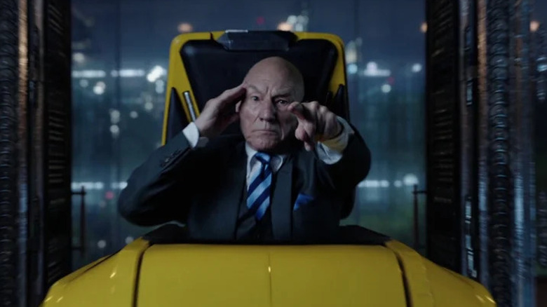 Professor X using his powers and sitting in a yellow high tech wheelchair in Doctor Strange in the Multiverse of Madness
