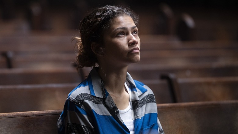 Rue sitting in pew looking up in Euphoria Season 3