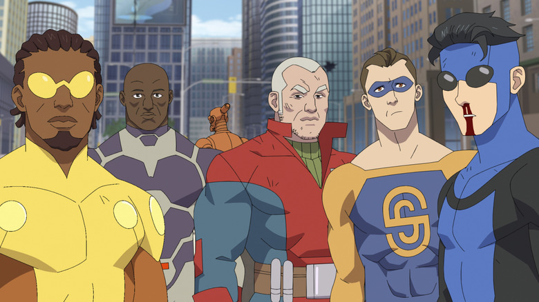 Invincible standing with other superheroes in Season 4 of "Invincible" (2026)