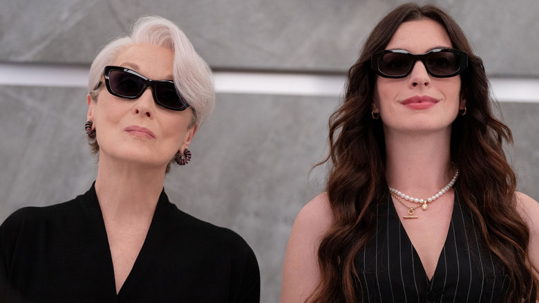 Miranda Priestly and Andy Sachs standing in an elevator in The Devil Wears Prada 2