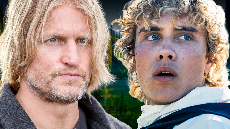 Composite image of Adult Haymitch pursing his lips next to Young Haymitch