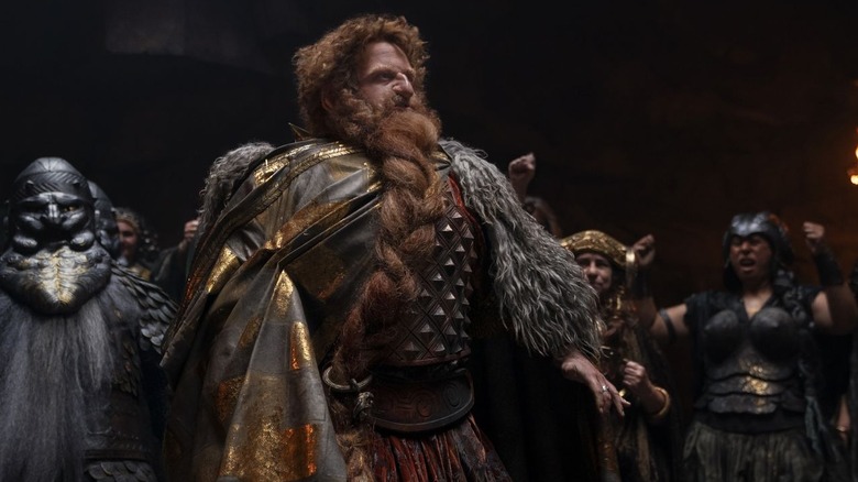 Durin IV in front of a crowd of Dwarves in Season 1 of "The Rings of Power" (2022-present)