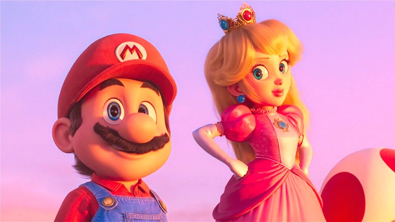 Mario and Peach stand next to each other at sunset (2023)