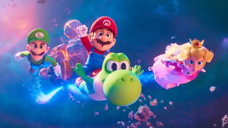 Mario riding Yoshi with Luigi and Peach either side of them in "The Super Mario Galaxy Movie"﻿