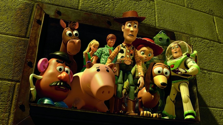The toy gang stuck in a perilous position while looking scared in 