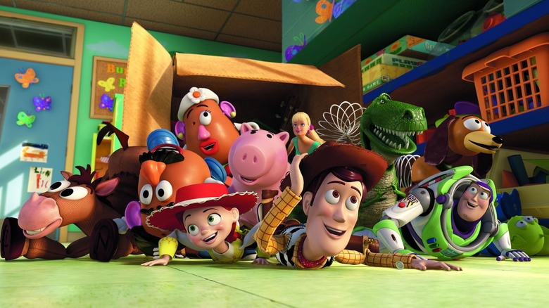 Woody and friends falling out of a box into Sunnyside Daycare in "Toy Story 3"