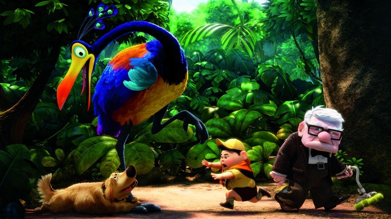 Carl trying to deal with three rowdy traveling companions in "Up"
