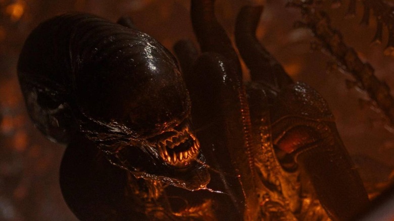 A Xenomorph showing its teeth in Alien: Romulus
