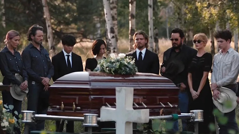 The Duttons and their hands gather for John's funeral in "Yellowstone"