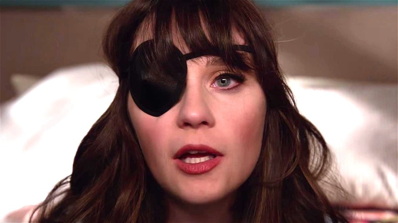 Jess Day wearing an eye patch