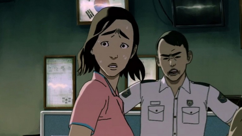 Nervous looking Hye-sun in police station