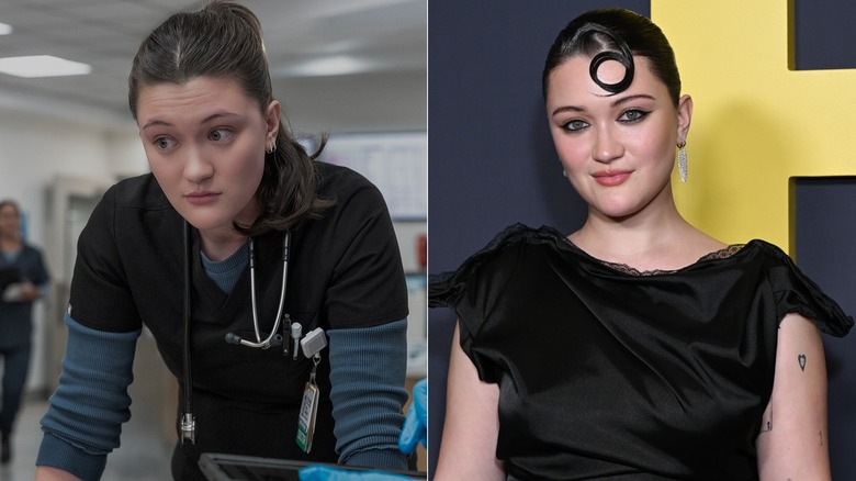 Santos leaning over a desk on The Pitt and Isa Briones in a black dress