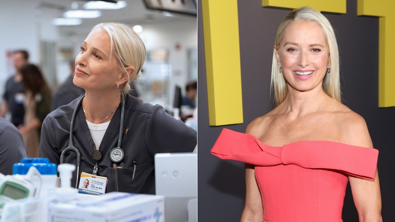 Dana at the charge desk and Katherine LaNasa in a pink dress smiling