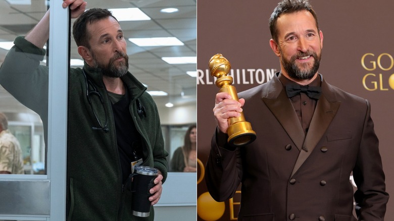 Dr. Robby leaning on a doorway and Noah Wyle holding his Golden Globe