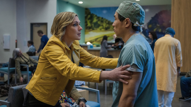 Carol trying to talk to a doctor on Pluribus