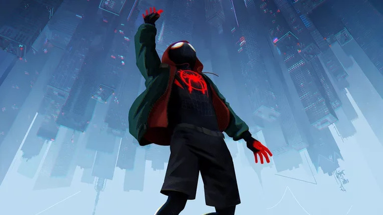 Miles Morales diving into the city in Spider-Man: Into the Spider-Verse