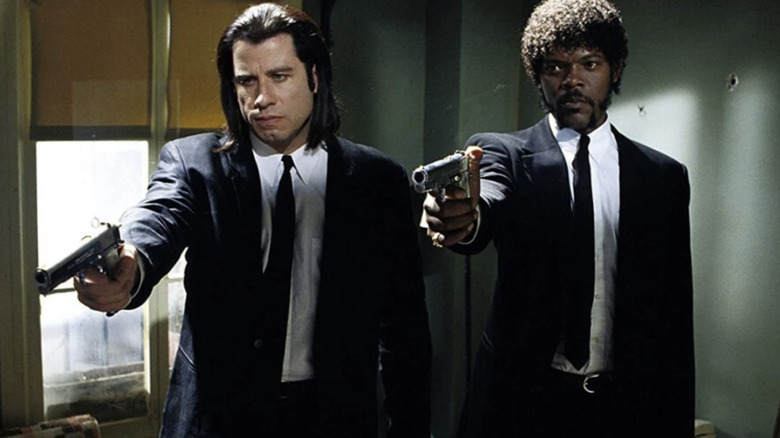 Vincent and Jules fire their guns in "Pulp Fiction" (1994)