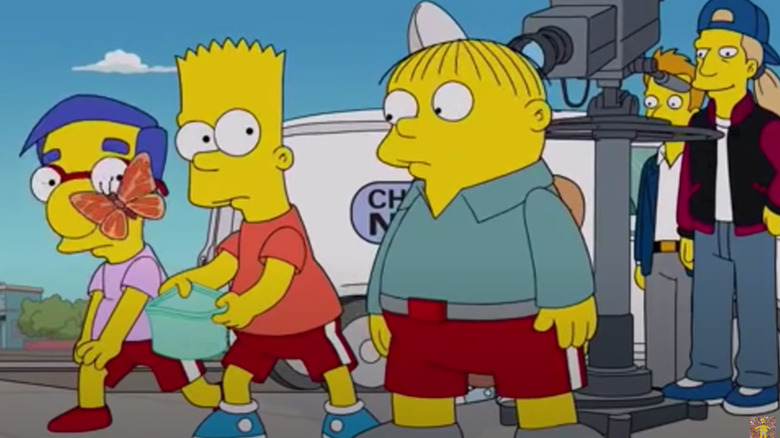 Milhouse, Bart, and Ralph chase butterfly