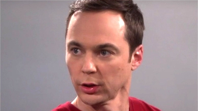 Sheldon Cooper in front of a gray background