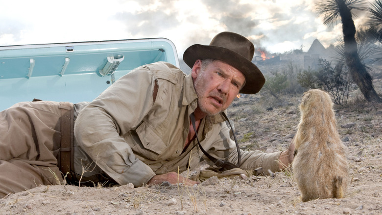 Indiana Jones staring confused at a prairie dog as he exits a fridge in Indiana Jones and the Kingdom of the Crystal Skull