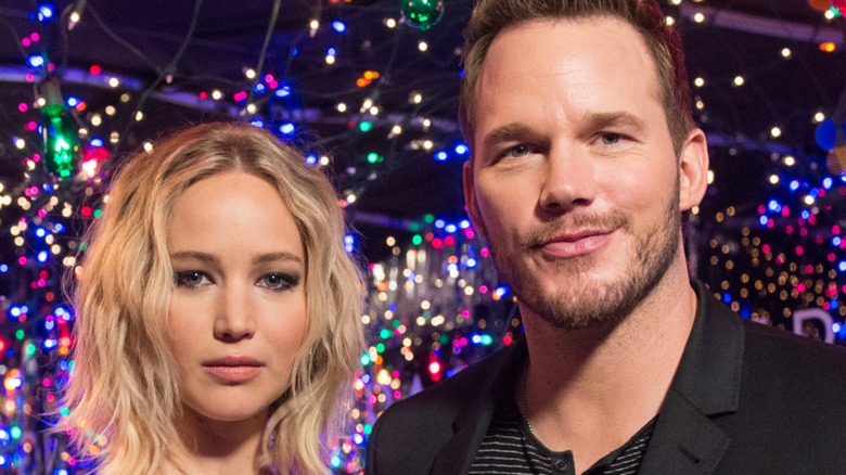 Chris Pratt and Jennifer Lawrence pose
