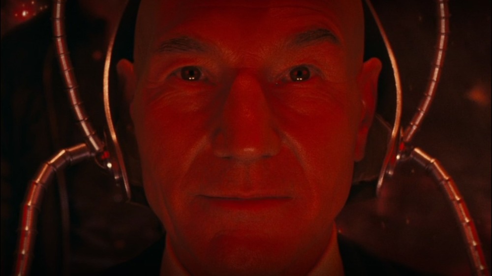 Patrick Stewart wearing Cerebro helmet