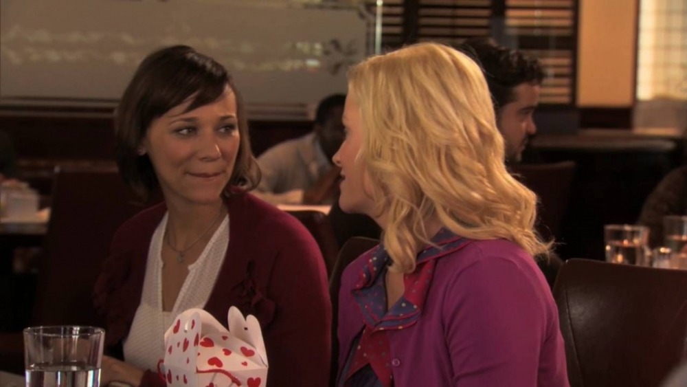 Ann Perkins (Rashida Jones) and Leslie Knope (Amy Poehler) celebrate Galantine's Day on Parks and Rec