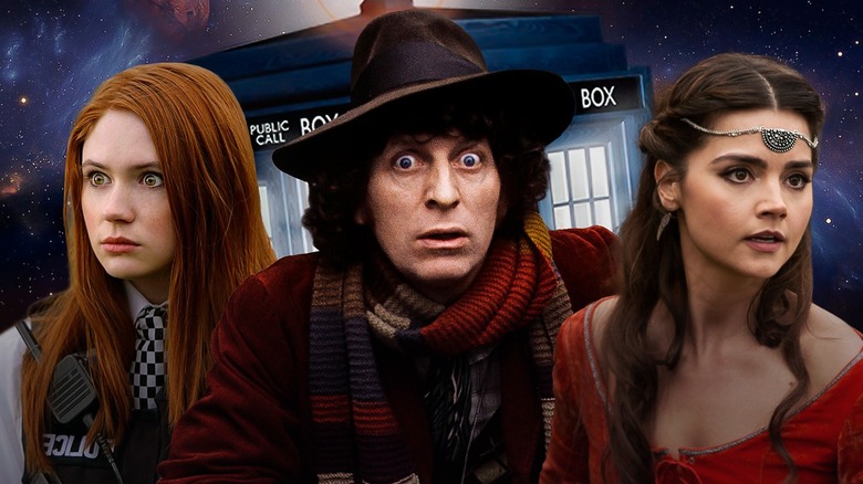 Amy, The Fourth Doctor, and Clara in front of Tardis 