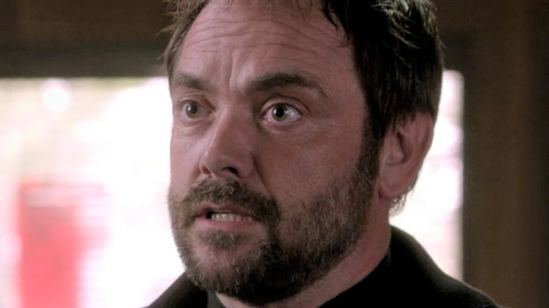 Mark Sheppard looking angry as Crowley