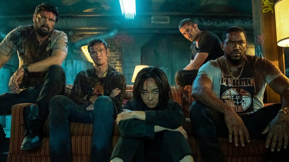 Karl Urban, Jack Quaid, Karen Fukuhara, Laz Alonso, and Tomer Capon in a promo photo for The Boys