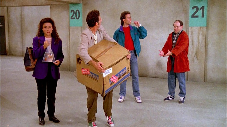 The cast of Seinfeld wander a parking garage