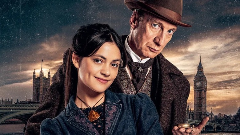 Sherlock Holmes and his daughter Amelia in front of London landmarks