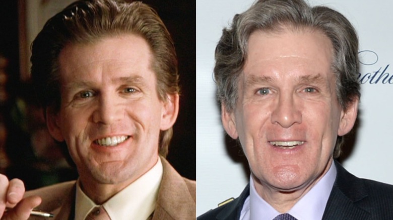 Dr. Frederick Chilton smiles while holding a pen; Anthony Heald smiles on the red carpet at the Broadway premiere of The Elephant Man in 2014