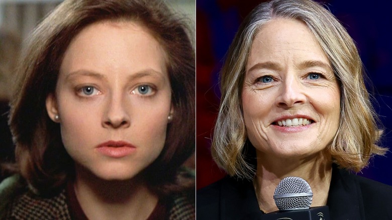 Clarice Starling wears a brown coat; Jodie Foster smiles and holds a mic