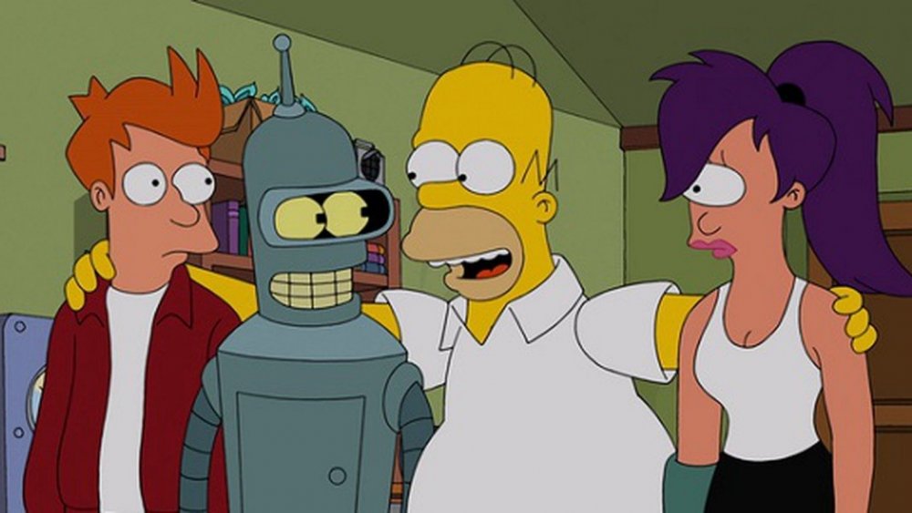 Fry, Bender, Homer Simpson, and Leela in a Simpsons-Futurama crossover