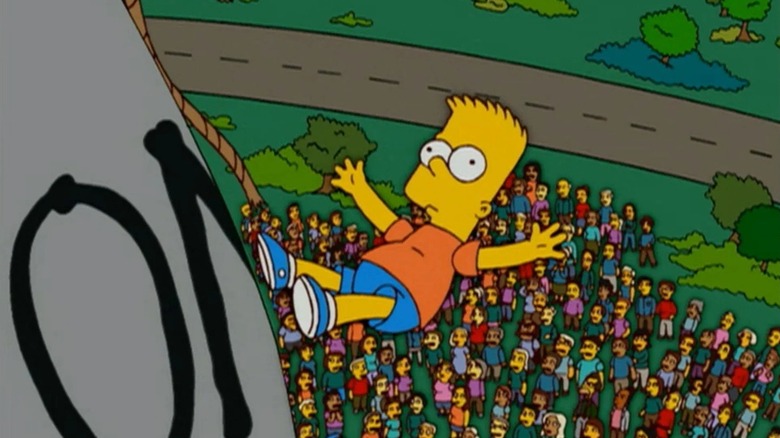 Bart Simpson falling to his potential death as a crowd watches in "The Simpsons"
